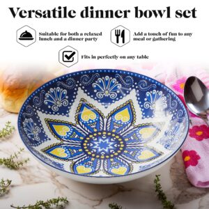 American Atelier Pasta Bowls | Set of 4 | Large, 9-inch, Dinner Serving Plates | Wide and Shallow Bowls Set for Pasta, Salad, Soup, Spaghetti, Stews, or Cereal | Blue & Yellow Medallion Motif