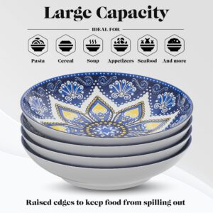 American Atelier Pasta Bowls | Set of 4 | Large, 9-inch, Dinner Serving Plates | Wide and Shallow Bowls Set for Pasta, Salad, Soup, Spaghetti, Stews, or Cereal | Blue & Yellow Medallion Motif