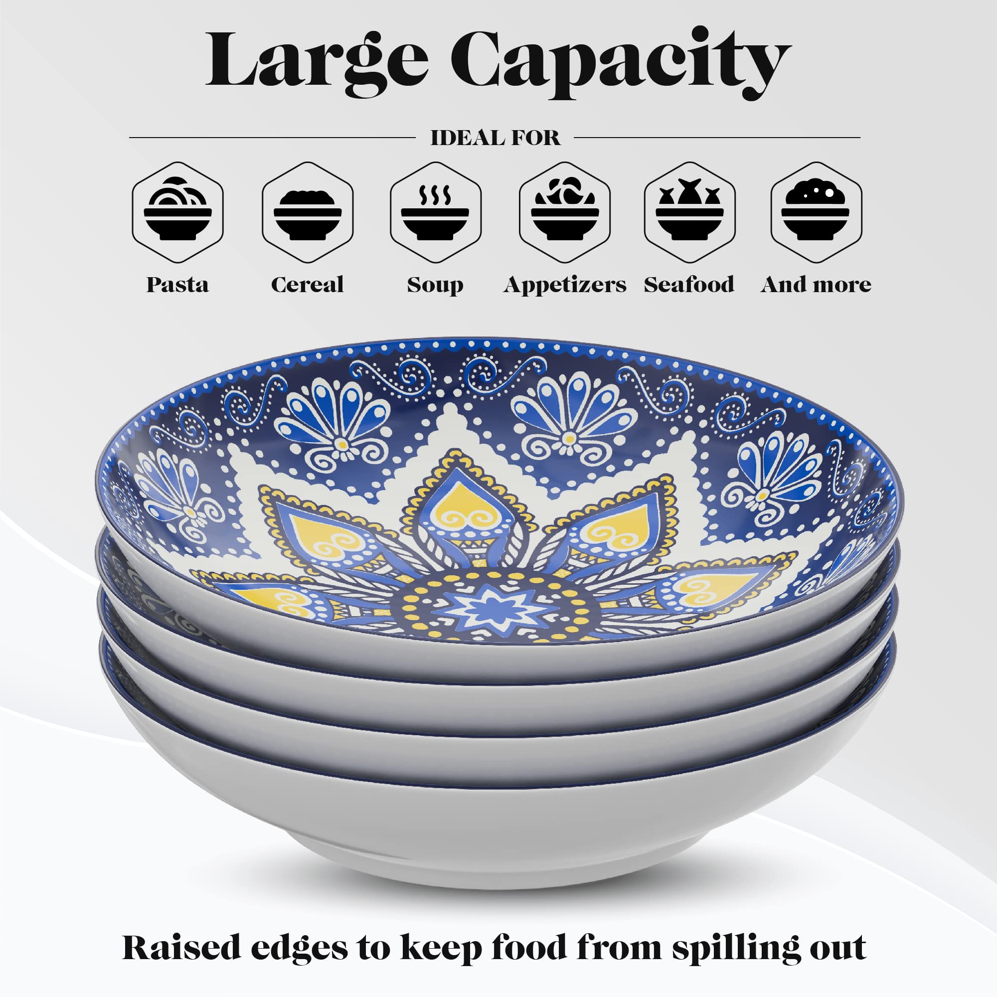 American Atelier Pasta Bowls | Set of 4 | Large, 9-inch, Dinner Serving Plates | Wide and Shallow Bowls Set for Pasta, Salad, Soup, Spaghetti, Stews, or Cereal | Blue & Yellow Medallion Motif