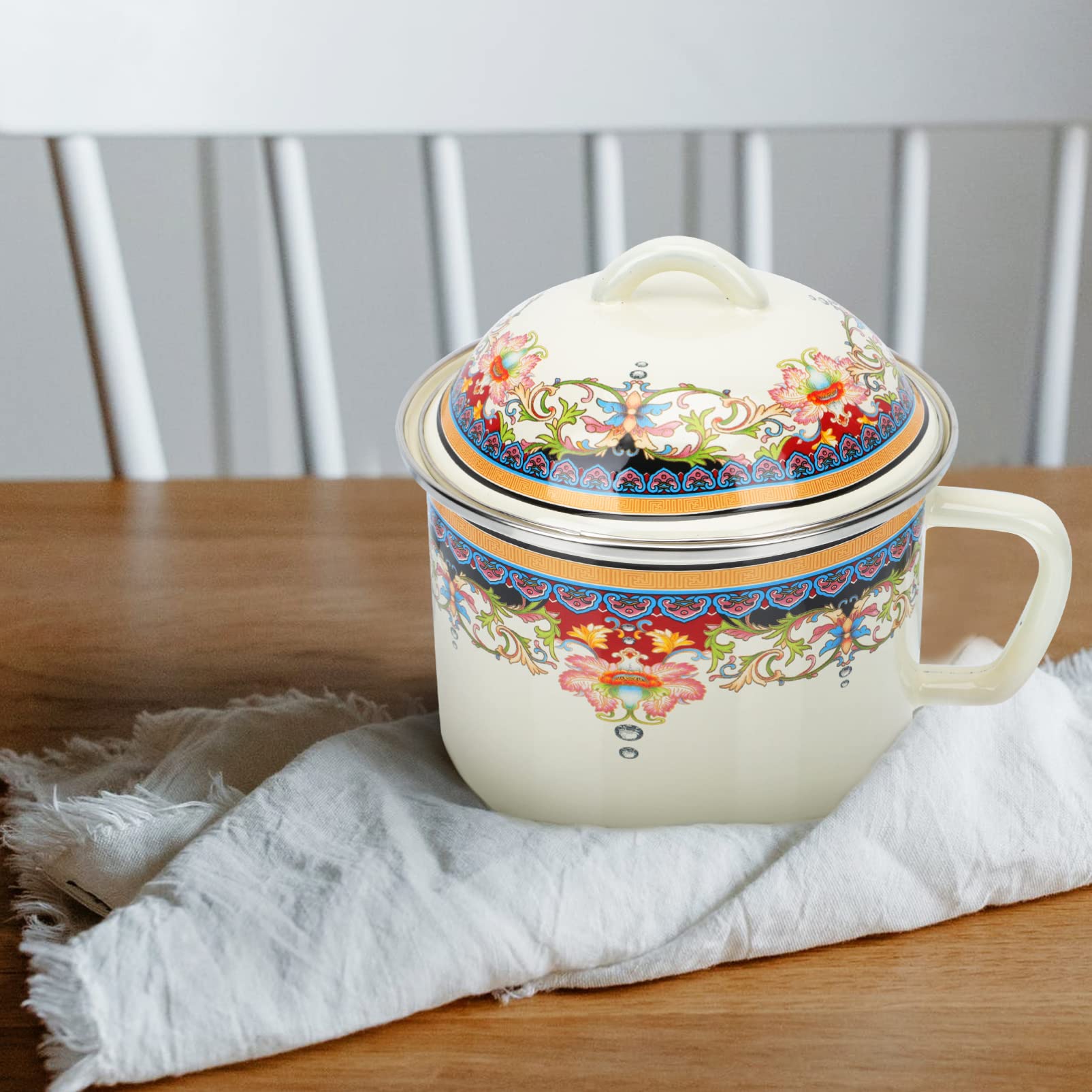 Vintage Enamel Basin Soup Bowl: Retro Round Enamel Mixing Bowl with Lid Handle Salad Serving Enamelware Container for Pho Soba Soup Rice Udon Cereal Ice Cream Yellow