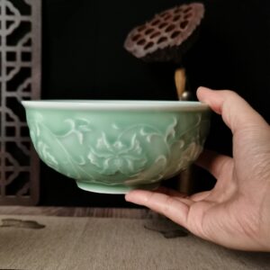 Rice Bowl 6 inches Chinese Celadon 17oz Dinnerware Embossed with Begonia Porcelain Cereal Bowls (6 Inch)