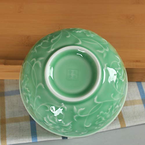 Rice Bowl 6 inches Chinese Celadon 17oz Dinnerware Embossed with Begonia Porcelain Cereal Bowls (6 Inch)