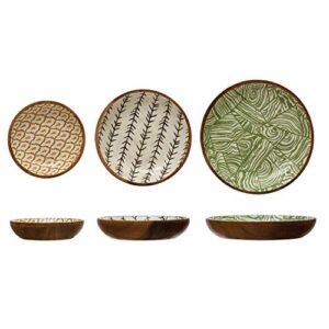 creative co-op enameled acacia wood print, set of 3 bowl, multi color, 3