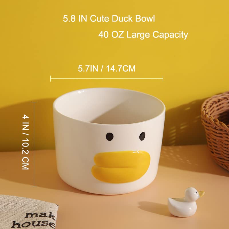 AKVAELFO Funny Anime Duck Large Salad Bowl Safe Ceramic Hand Glazed For Big Soup Bowls, Fruit, Ramen 40oz Porcelain Noodle Mixing Bowl 5.8" Cute Bowls,Ideal Housewarming Gift.
