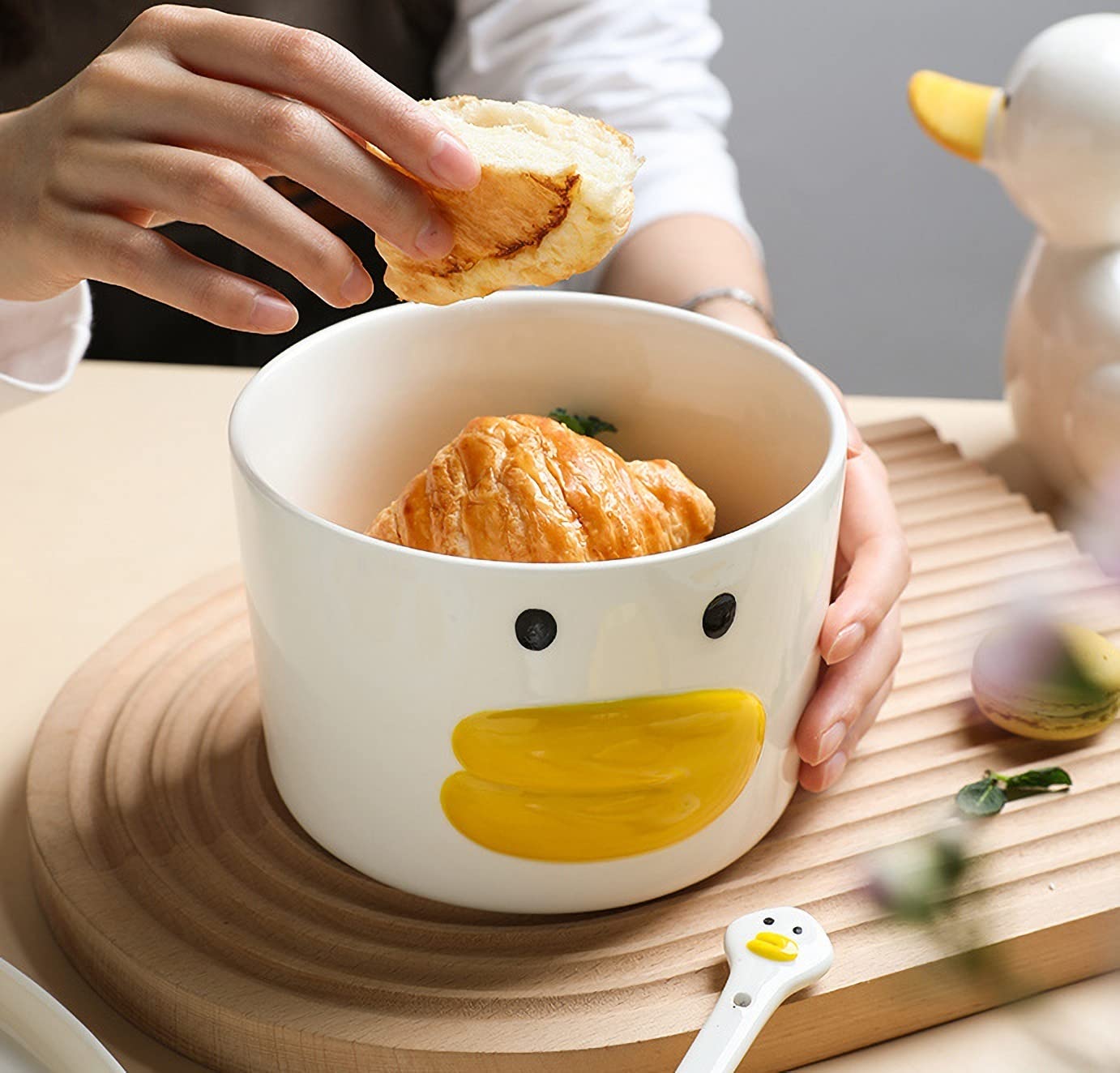 AKVAELFO Funny Anime Duck Large Salad Bowl Safe Ceramic Hand Glazed For Big Soup Bowls, Fruit, Ramen 40oz Porcelain Noodle Mixing Bowl 5.8" Cute Bowls,Ideal Housewarming Gift.