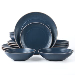 arora ringar round stoneware 16pc double bowl dinnerware set for 4, dinner plates, side plates, cereal bowls, pasta bowls - speckle matte blue (420796)