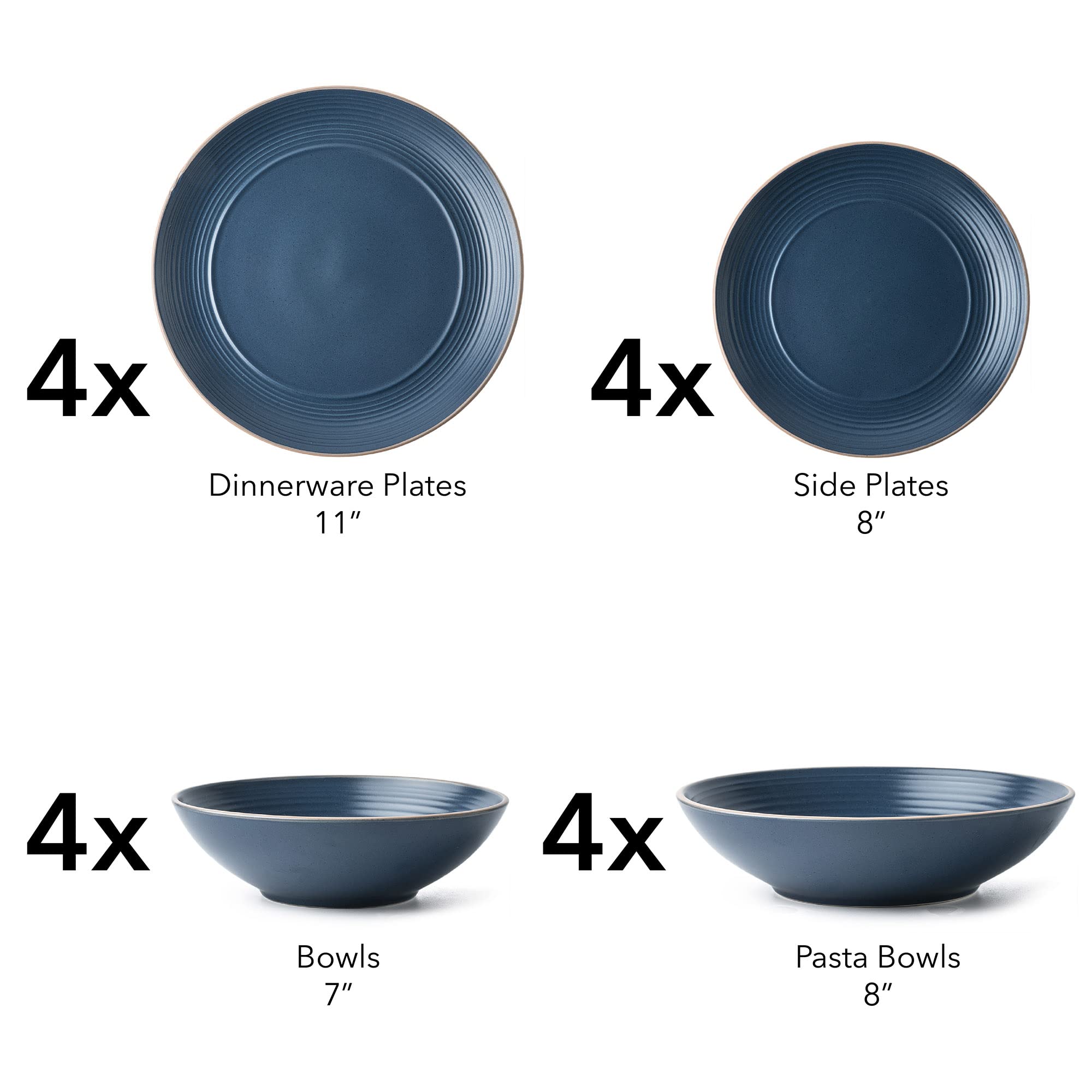 Arora RINGAR Round Stoneware 16pc Double Bowl Dinnerware Set for 4, Dinner Plates, Side Plates, Cereal Bowls, Pasta Bowls - Speckle Matte Blue (420796)