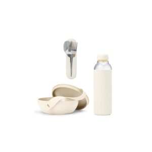 w&p porter silicone sleeve bundle collection - water bottle, plastic bowl, and utensil set - bpa-free plastic, dishwasher safe, portable, travel set (cream)
