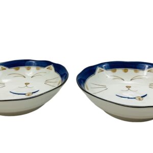 JapanBargain, Japanese Porcelain Shallow Soup Bowl for Dinner Lunch Rice Poke Donburi Udon Ramen Noodle Pasta Cereal Maneki Neko Lucky Cat Pattern for Cat Lovers Made in Japan, Blue (4, 6.75-inch)