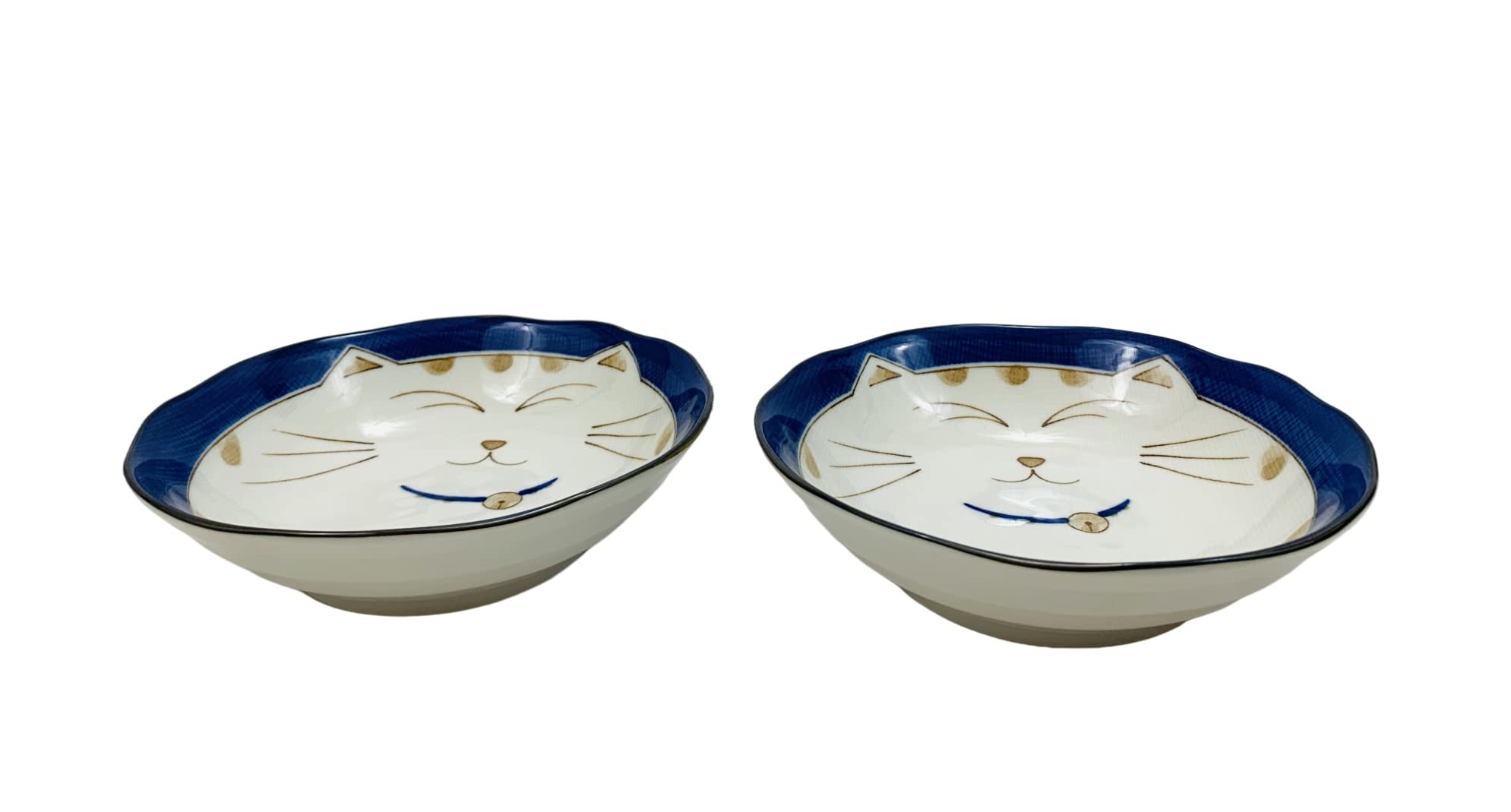 JapanBargain, Japanese Porcelain Shallow Soup Bowl for Dinner Lunch Rice Poke Donburi Udon Ramen Noodle Pasta Cereal Maneki Neko Lucky Cat Pattern for Cat Lovers Made in Japan, Blue (4, 6.75-inch)