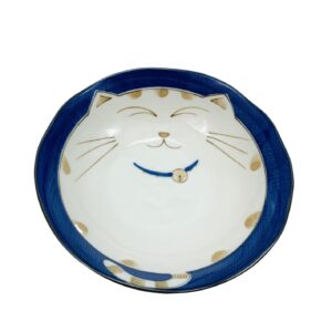 JapanBargain, Japanese Porcelain Shallow Soup Bowl for Dinner Lunch Rice Poke Donburi Udon Ramen Noodle Pasta Cereal Maneki Neko Lucky Cat Pattern for Cat Lovers Made in Japan, Blue (4, 6.75-inch)