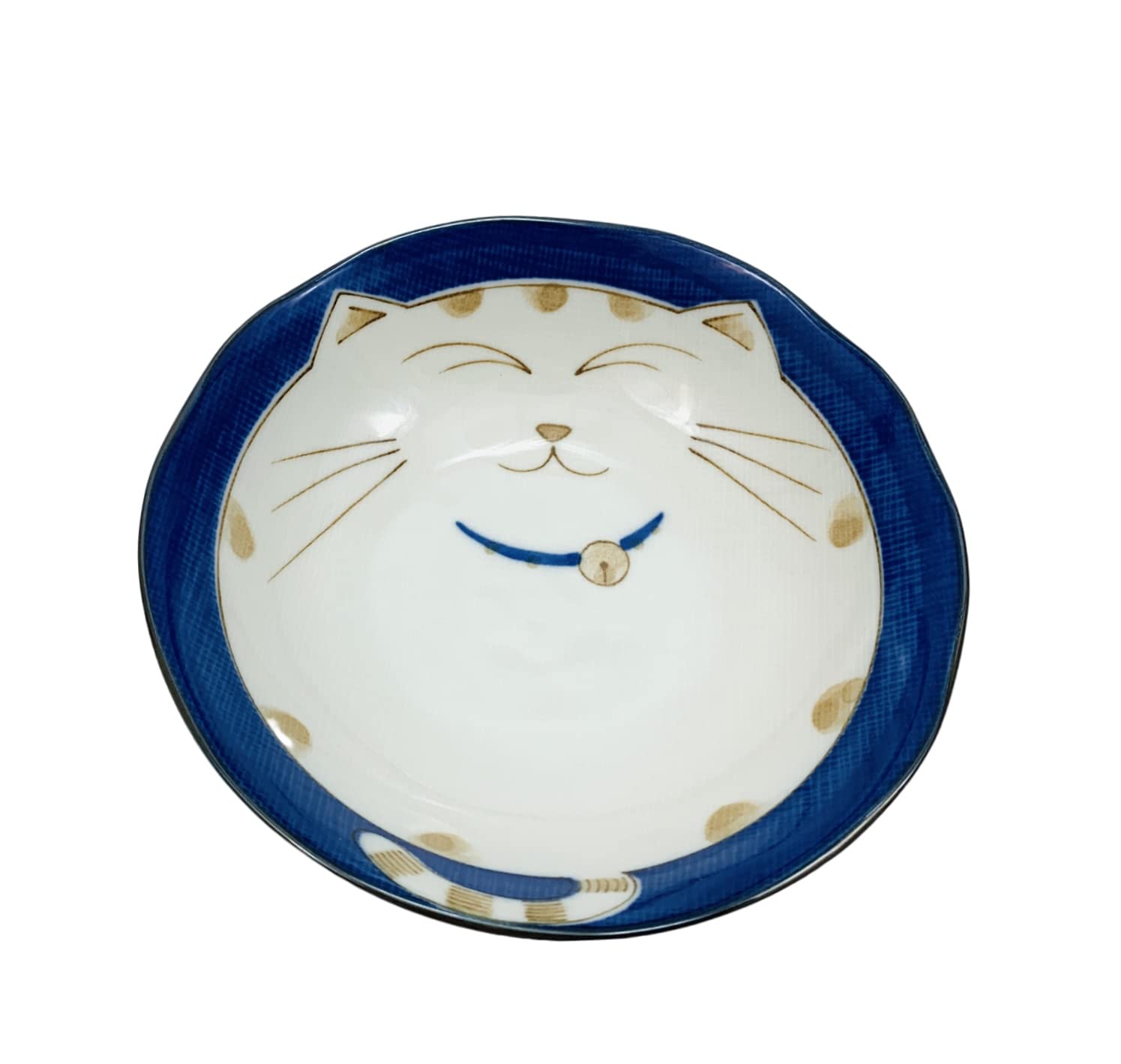 JapanBargain, Japanese Porcelain Shallow Soup Bowl for Dinner Lunch Rice Poke Donburi Udon Ramen Noodle Pasta Cereal Maneki Neko Lucky Cat Pattern for Cat Lovers Made in Japan, Blue (4, 6.75-inch)