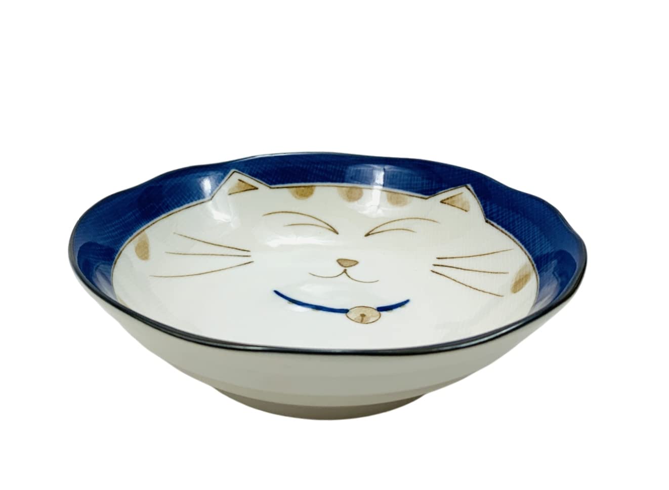 JapanBargain, Japanese Porcelain Shallow Soup Bowl for Dinner Lunch Rice Poke Donburi Udon Ramen Noodle Pasta Cereal Maneki Neko Lucky Cat Pattern for Cat Lovers Made in Japan, Blue (4, 6.75-inch)