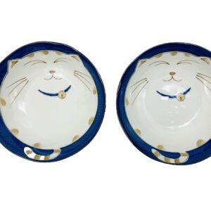 JapanBargain, Japanese Porcelain Shallow Soup Bowl for Dinner Lunch Rice Poke Donburi Udon Ramen Noodle Pasta Cereal Maneki Neko Lucky Cat Pattern for Cat Lovers Made in Japan, Blue (4, 6.75-inch)