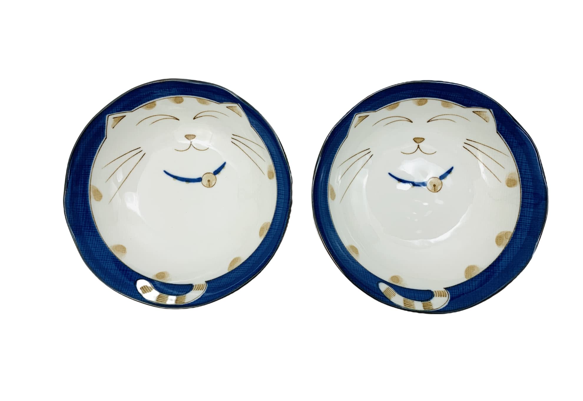 JapanBargain, Japanese Porcelain Shallow Soup Bowl for Dinner Lunch Rice Poke Donburi Udon Ramen Noodle Pasta Cereal Maneki Neko Lucky Cat Pattern for Cat Lovers Made in Japan, Blue (4, 6.75-inch)