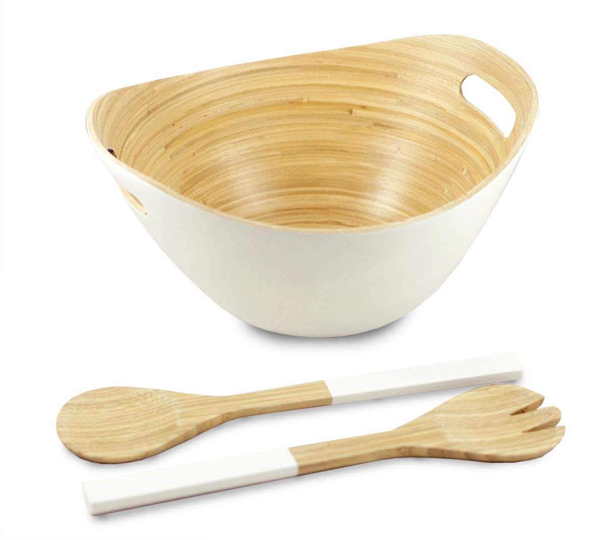 Purelite Modern Scandinavian Style Designer Salad and Fruit Bowl with Matching Salad Serving Set Made of Sustainable Bamboo | 12 inch