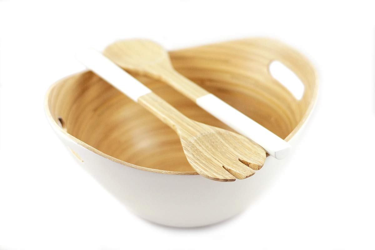 Purelite Modern Scandinavian Style Designer Salad and Fruit Bowl with Matching Salad Serving Set Made of Sustainable Bamboo | 12 inch