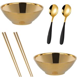 ramen noodle soup bowl,2 sets double layer 304 stainless steel bowl(7.1inch), with matching spoon and chopsticks(gold)