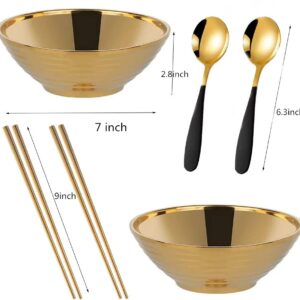 Ramen Noodle Soup Bowl,2 Sets Double Layer 304 Stainless Steel Bowl(7.1inch), with Matching Spoon and Chopsticks(Gold)