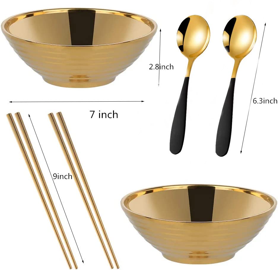 Ramen Noodle Soup Bowl,2 Sets Double Layer 304 Stainless Steel Bowl(7.1inch), with Matching Spoon and Chopsticks(Gold)