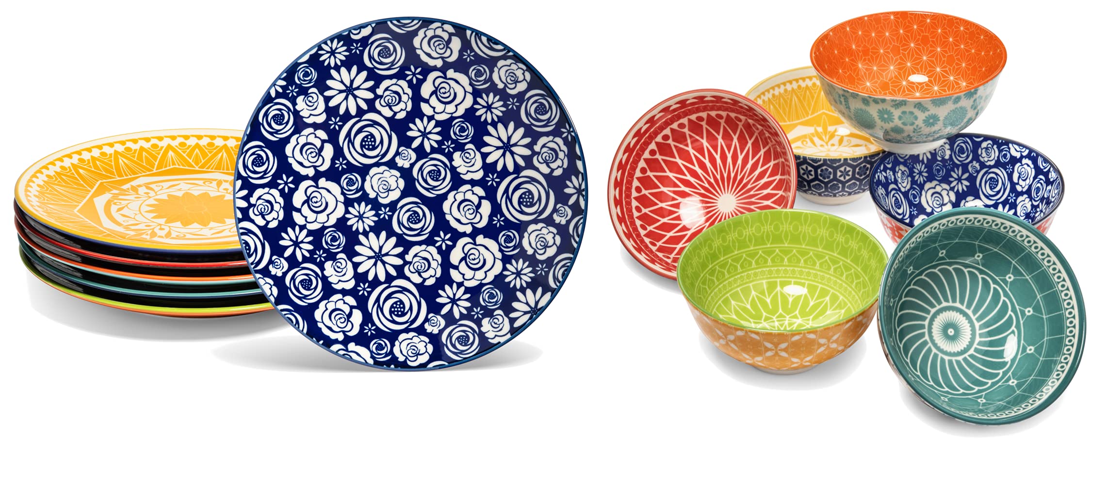 Annovero Bundle - Salad Plates, Dessert Bowls. Cute and Colorful Stoneware Dishes for Kitchen, Microwave and Oven Safe. Bundle