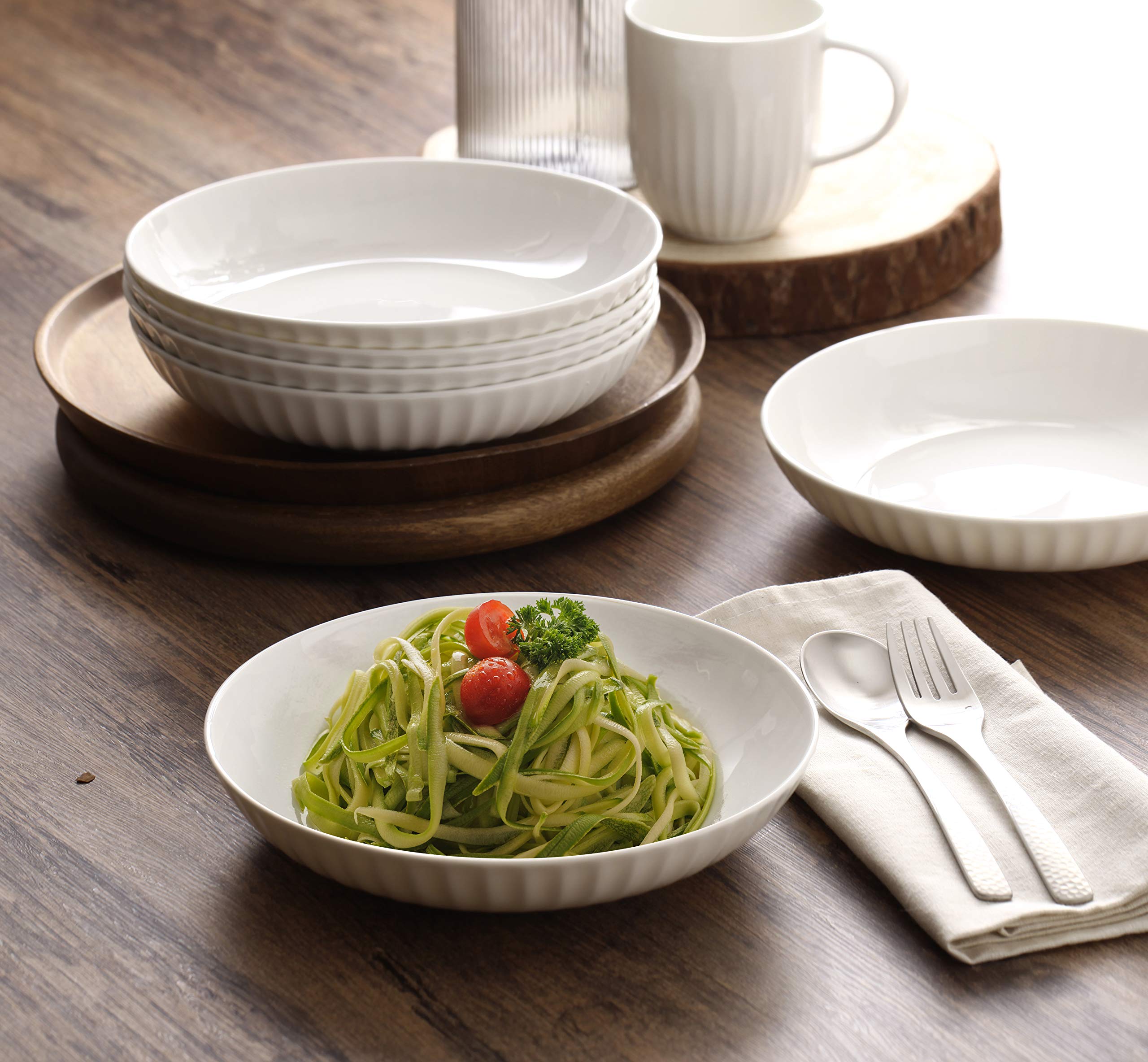 ZEN Pleats Porcelain Salad Pasta Bowls 23oz Set of 6 (White)