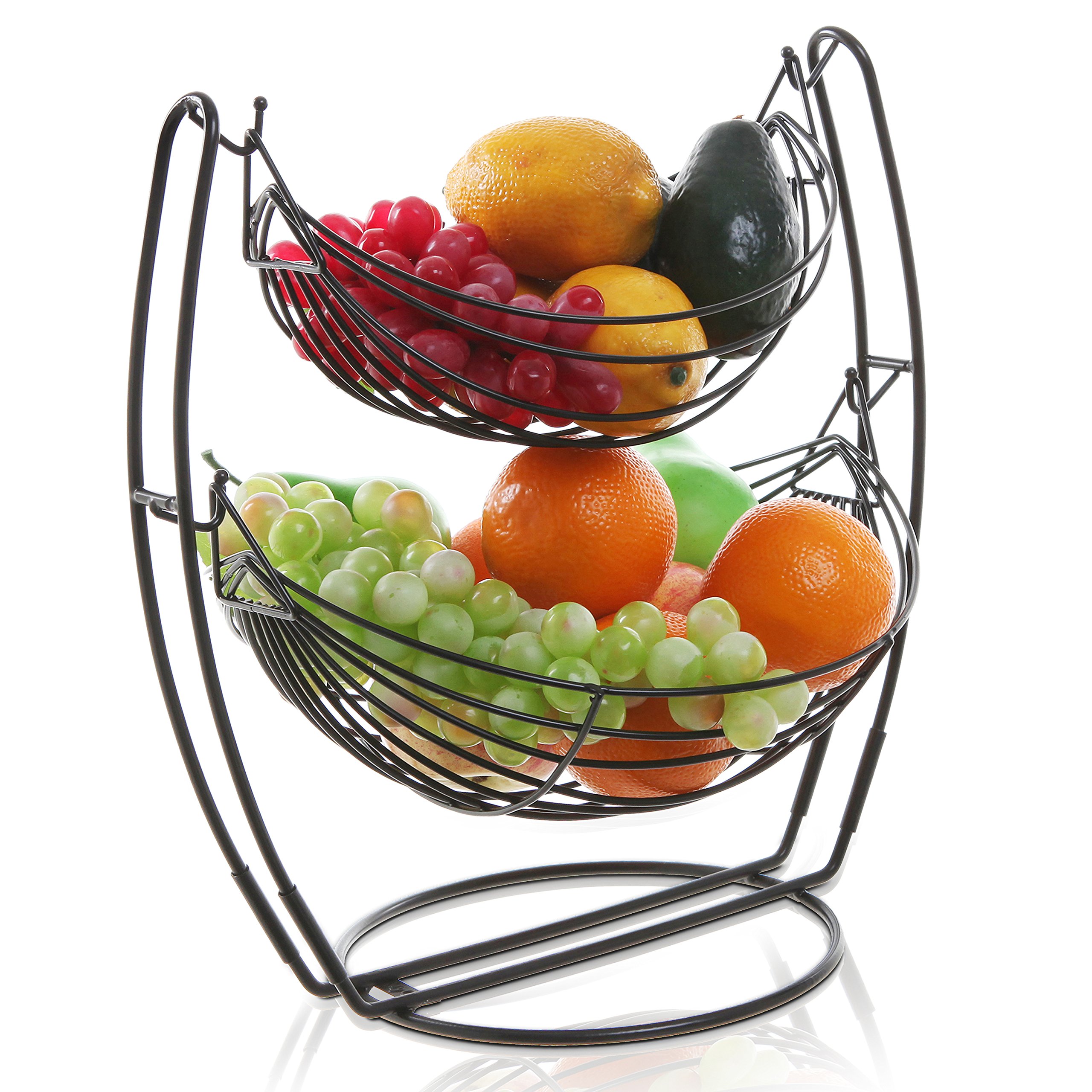 MyGift 2 Tier Black Metal Double Hammock Fruit Basket Vegetables and Produce Storage Rack Display Stand