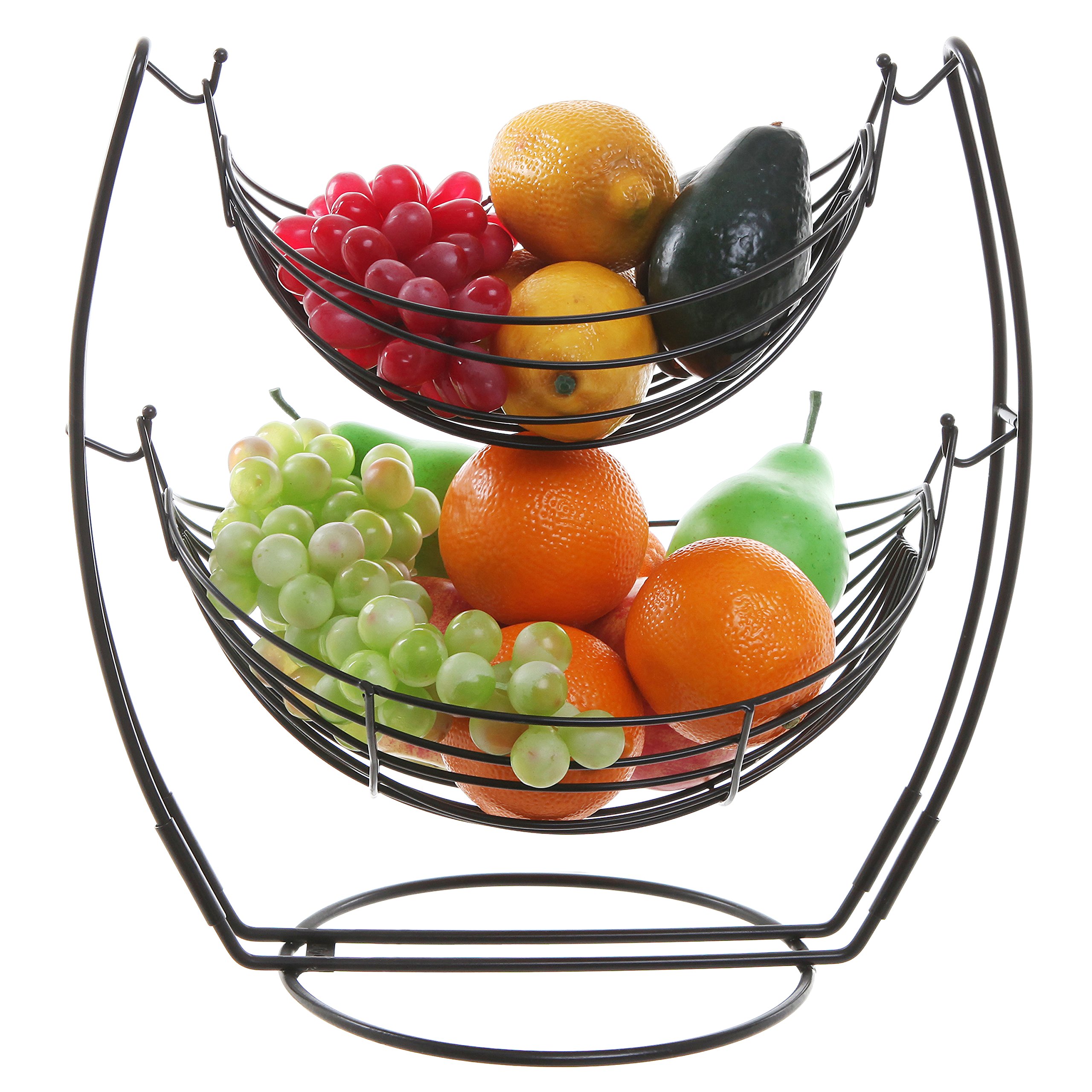 MyGift 2 Tier Black Metal Double Hammock Fruit Basket Vegetables and Produce Storage Rack Display Stand