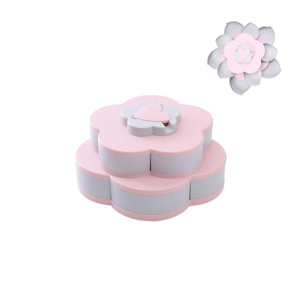 Ygapuzi Double Deck Snack Box Flower Shaped Rotating Candy Serving Containers with Phone Holder, 10 Grid Creative Snacks Storage Tray for Dried Fruit, Nuts, Chips, Olives (Pink)