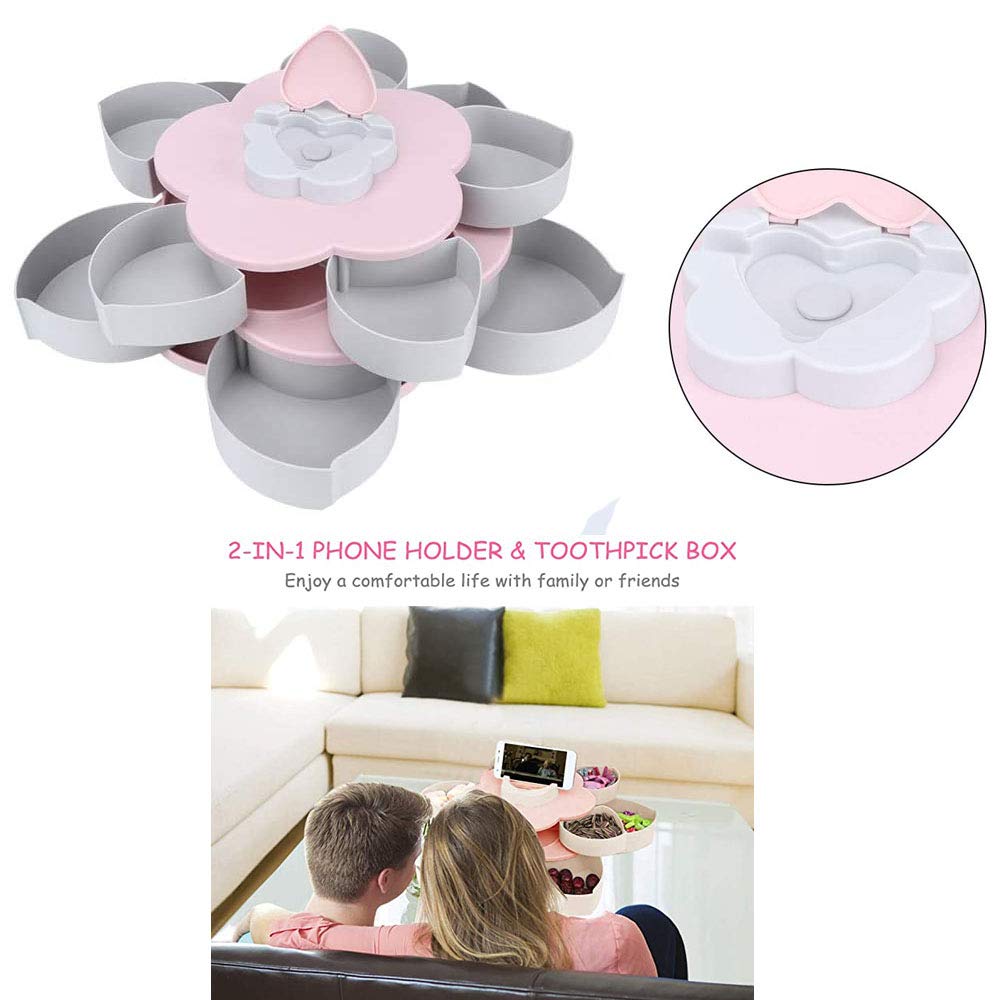 Ygapuzi Double Deck Snack Box Flower Shaped Rotating Candy Serving Containers with Phone Holder, 10 Grid Creative Snacks Storage Tray for Dried Fruit, Nuts, Chips, Olives (Pink)