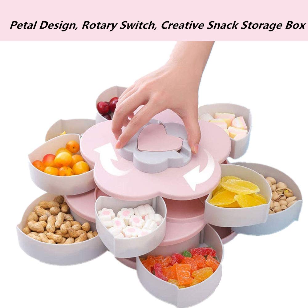 Ygapuzi Double Deck Snack Box Flower Shaped Rotating Candy Serving Containers with Phone Holder, 10 Grid Creative Snacks Storage Tray for Dried Fruit, Nuts, Chips, Olives (Pink)