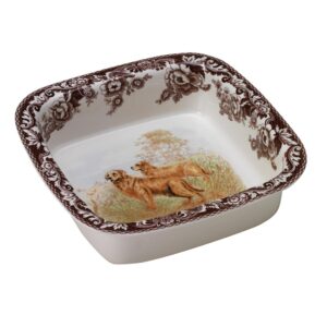 spode woodland square baking dish | 10" oven dish with golden retriever motif | square bakeware made from fine earthenware | microwave and dishwasher safe
