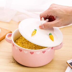 UPSTYLE Cute Ceramic Bowl with Lid and Handle for Soup/Rice/Salad/Instant/Noodle/Vegetables/Fruit (Pink, Rabbit)