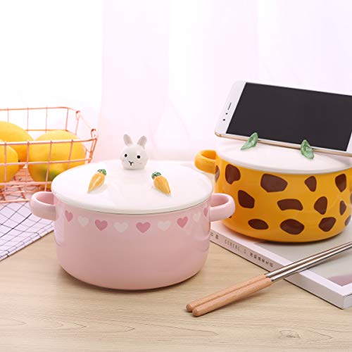 UPSTYLE Cute Ceramic Bowl with Lid and Handle for Soup/Rice/Salad/Instant/Noodle/Vegetables/Fruit (Pink, Rabbit)