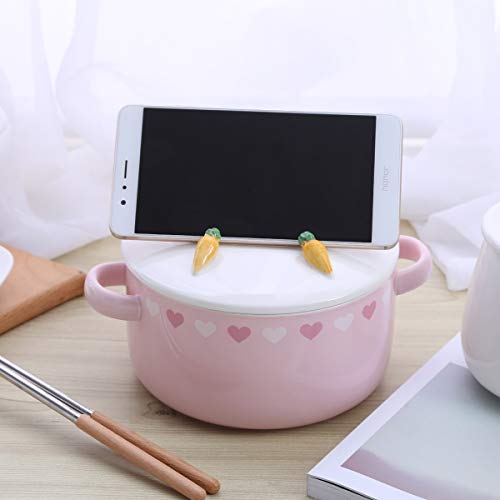UPSTYLE Cute Ceramic Bowl with Lid and Handle for Soup/Rice/Salad/Instant/Noodle/Vegetables/Fruit (Pink, Rabbit)