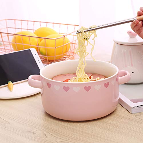 UPSTYLE Cute Ceramic Bowl with Lid and Handle for Soup/Rice/Salad/Instant/Noodle/Vegetables/Fruit (Pink, Rabbit)