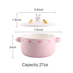 UPSTYLE Cute Ceramic Bowl with Lid and Handle for Soup/Rice/Salad/Instant/Noodle/Vegetables/Fruit (Pink, Rabbit)