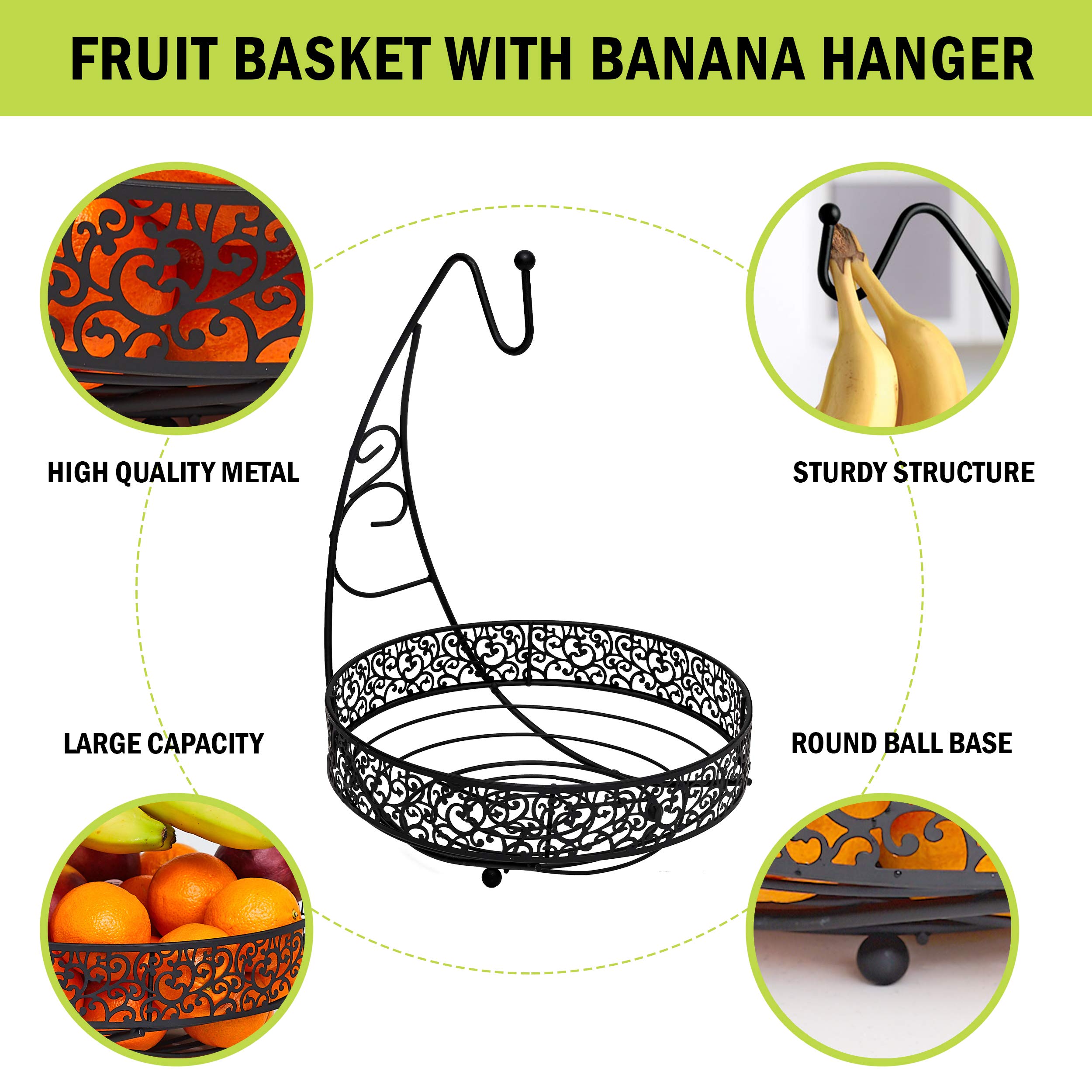 Totally Kitchen Fruit Basket with Banana Tree Hanger | Round Metal Fruit Storage Bowl | Matte Black