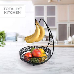 Totally Kitchen Fruit Basket with Banana Tree Hanger | Round Metal Fruit Storage Bowl | Matte Black