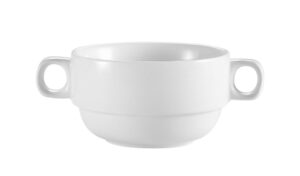 cac china rcn-49 clinton rolled edge 6-inch by 4-inch by 2 3/8-inch 10-ounce super white porcelain bouillon with handles, box of 24