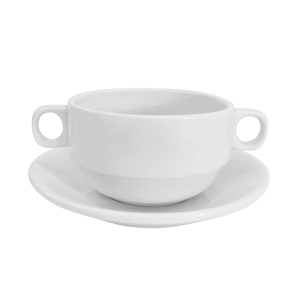CAC China RCN-49 Clinton Rolled Edge 6-Inch by 4-Inch by 2 3/8-Inch 10-Ounce Super White Porcelain Bouillon with Handles, Box of 24