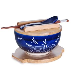 ceramic japanese bowl with soup spoon, noodle chopsticks, bamboo lid and trivet, vintage inspired kitchenware, 5 piece set