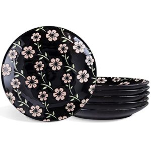 fanquare 8 inch japanese dessert plates set of 6, black porcelain pasta bowls set, pink floral salad plates for soup