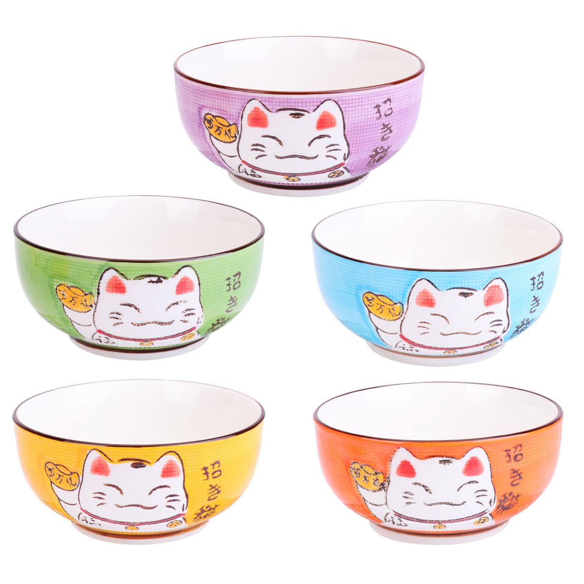 Amosfun 5Pcs Japanese Porcelain Ceramic Rice Bowl Japanese Soup Bowls Dessert Bowl Appetizer Bowl Snack Bowl Maneki Neko Lucky Cat Bowl for Home Kitchen Decoration