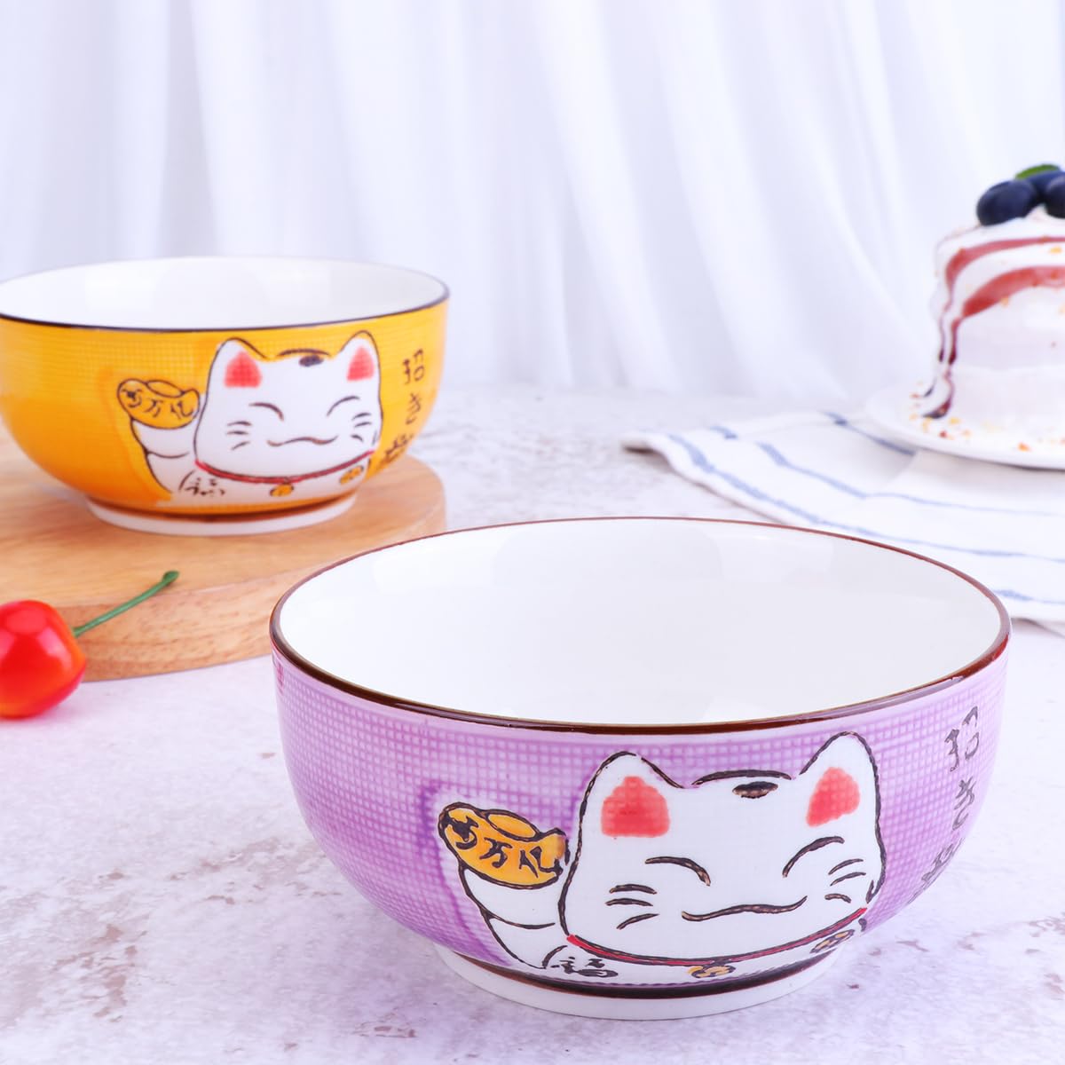 Amosfun 5Pcs Japanese Porcelain Ceramic Rice Bowl Japanese Soup Bowls Dessert Bowl Appetizer Bowl Snack Bowl Maneki Neko Lucky Cat Bowl for Home Kitchen Decoration