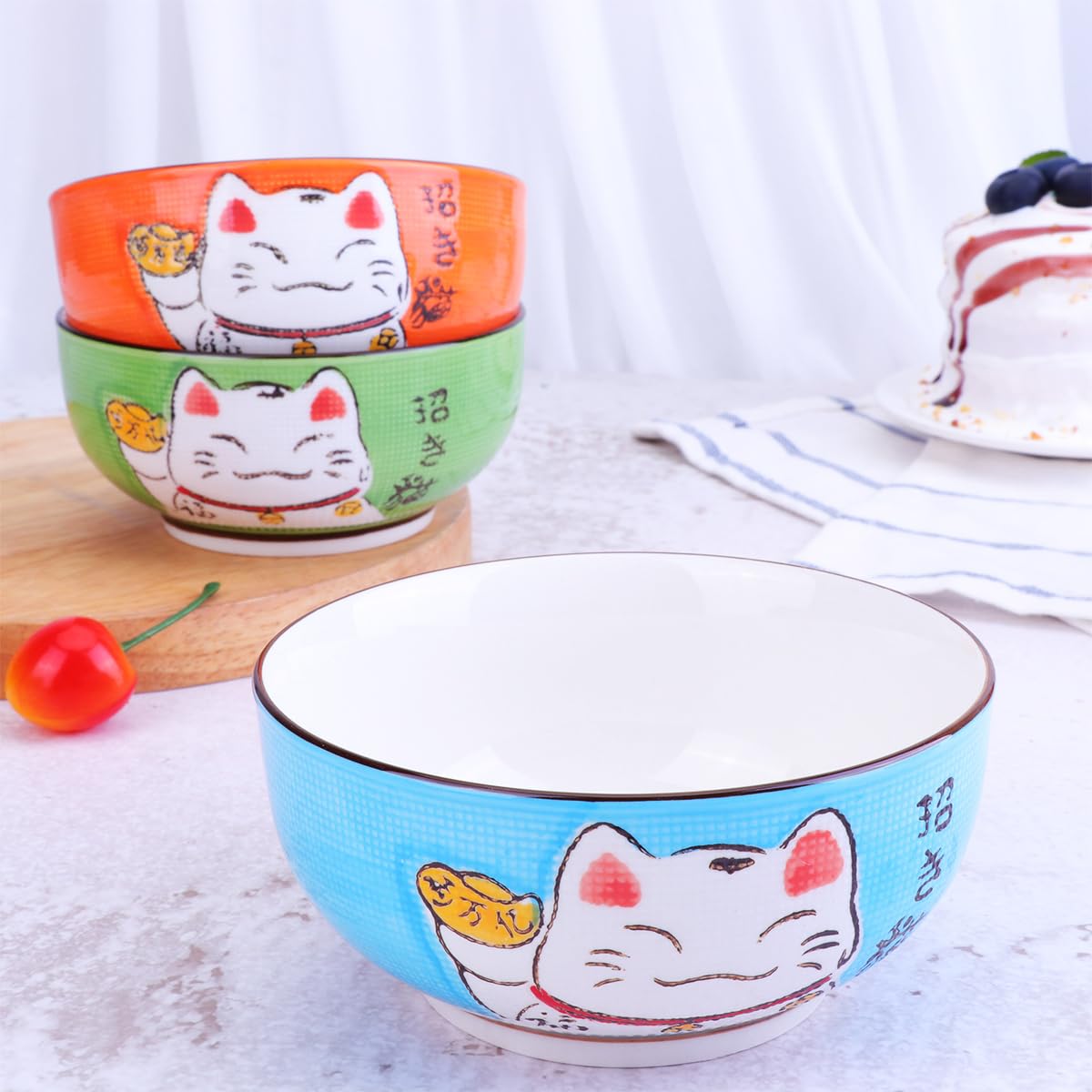 Amosfun 5Pcs Japanese Porcelain Ceramic Rice Bowl Japanese Soup Bowls Dessert Bowl Appetizer Bowl Snack Bowl Maneki Neko Lucky Cat Bowl for Home Kitchen Decoration