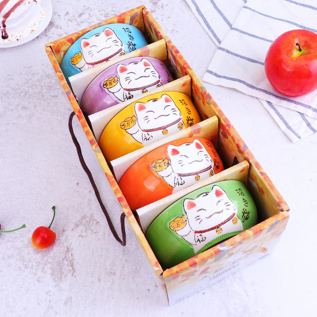 Amosfun 5Pcs Japanese Porcelain Ceramic Rice Bowl Japanese Soup Bowls Dessert Bowl Appetizer Bowl Snack Bowl Maneki Neko Lucky Cat Bowl for Home Kitchen Decoration