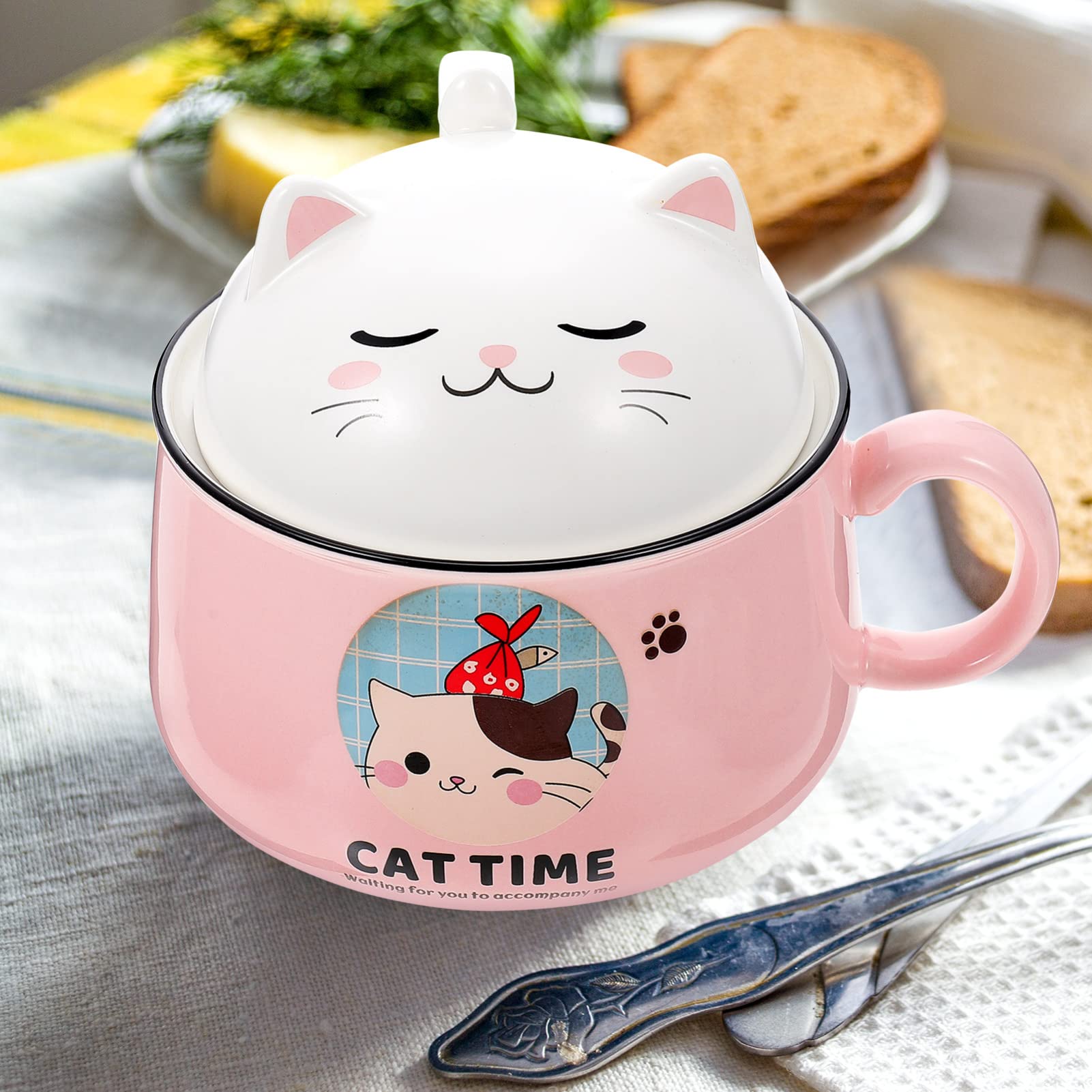 Angoily Chinese Decor Ceramic Bowl with Lid Handle Cat Design Instant Noodle Bowl Cereal Bowl Soup Mug Ramen Bowl for Rice Salad Noodle Pho Vegetable Fruit 1020ml Pasta Container