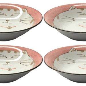 JapanBargain 2478x4, Japanese Porcelain Bowls Shallow Soup Bowls Smiling Kitty Cat Made in Japan, 6.75-inch, Pink