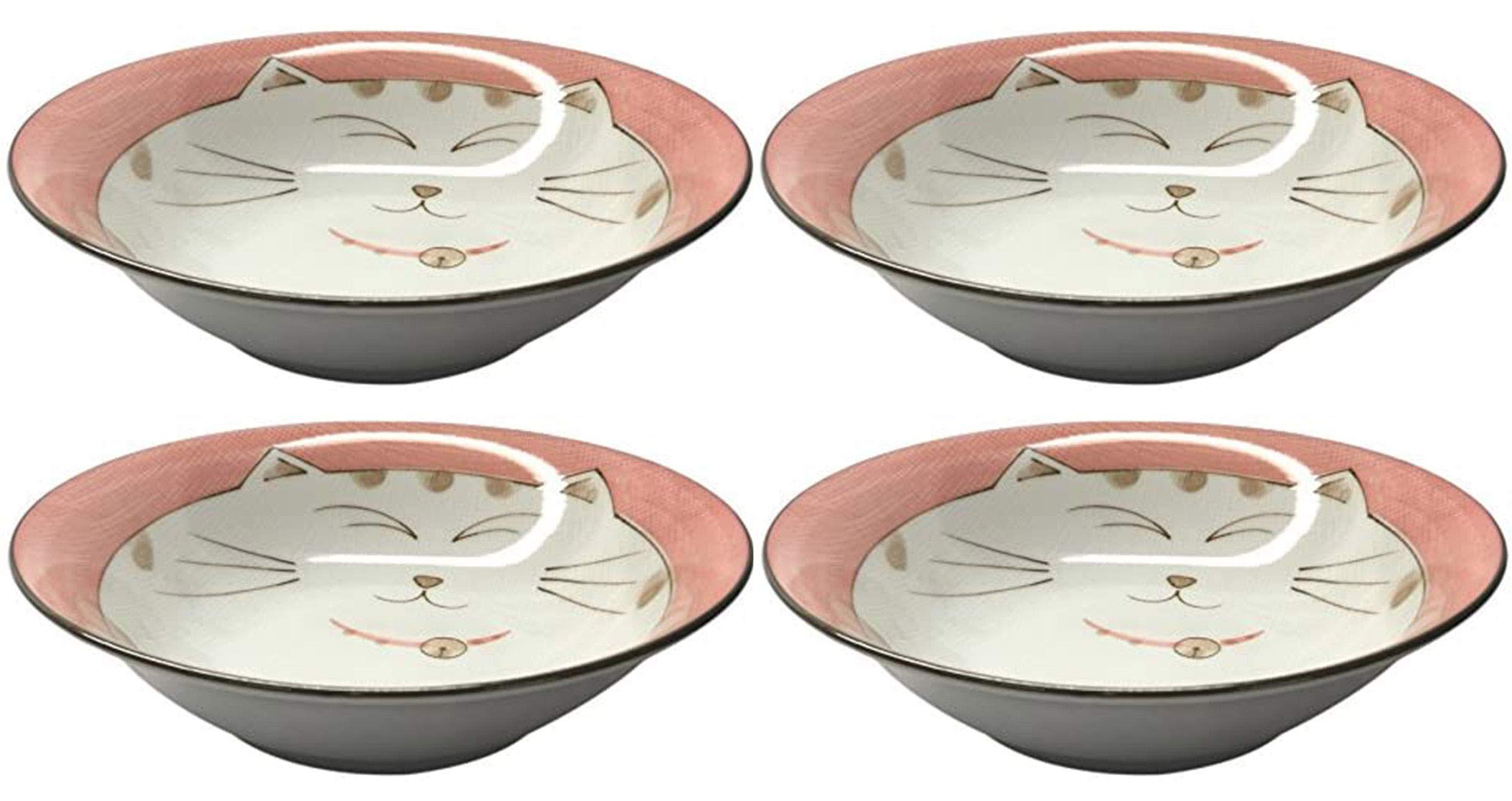 JapanBargain 2478x4, Japanese Porcelain Bowls Shallow Soup Bowls Smiling Kitty Cat Made in Japan, 6.75-inch, Pink